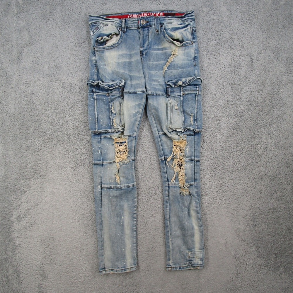 Smugglers Moon Mens Distressed Cargo Jeans Light Wash Ripped Splatter 34x32 **